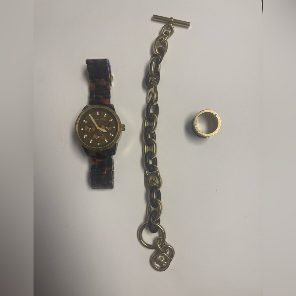 Michael Kors tortoise shell watch, bracelet, and ring.Watch will need a battery.